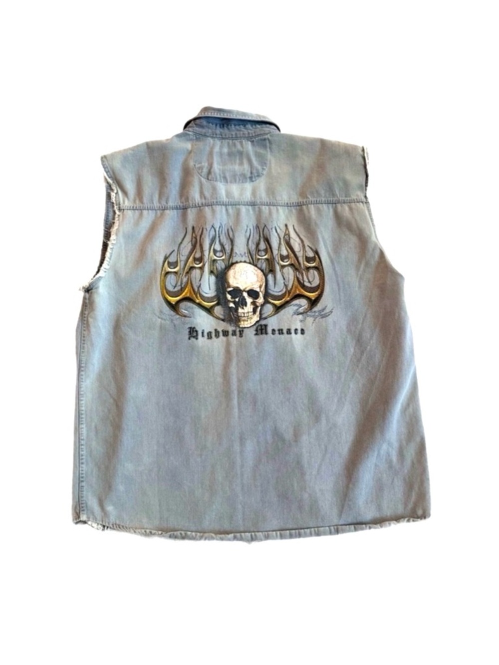 BIKER DESIGN USA ~ Light Wash Denim Vest with Skull and Flames Design size M